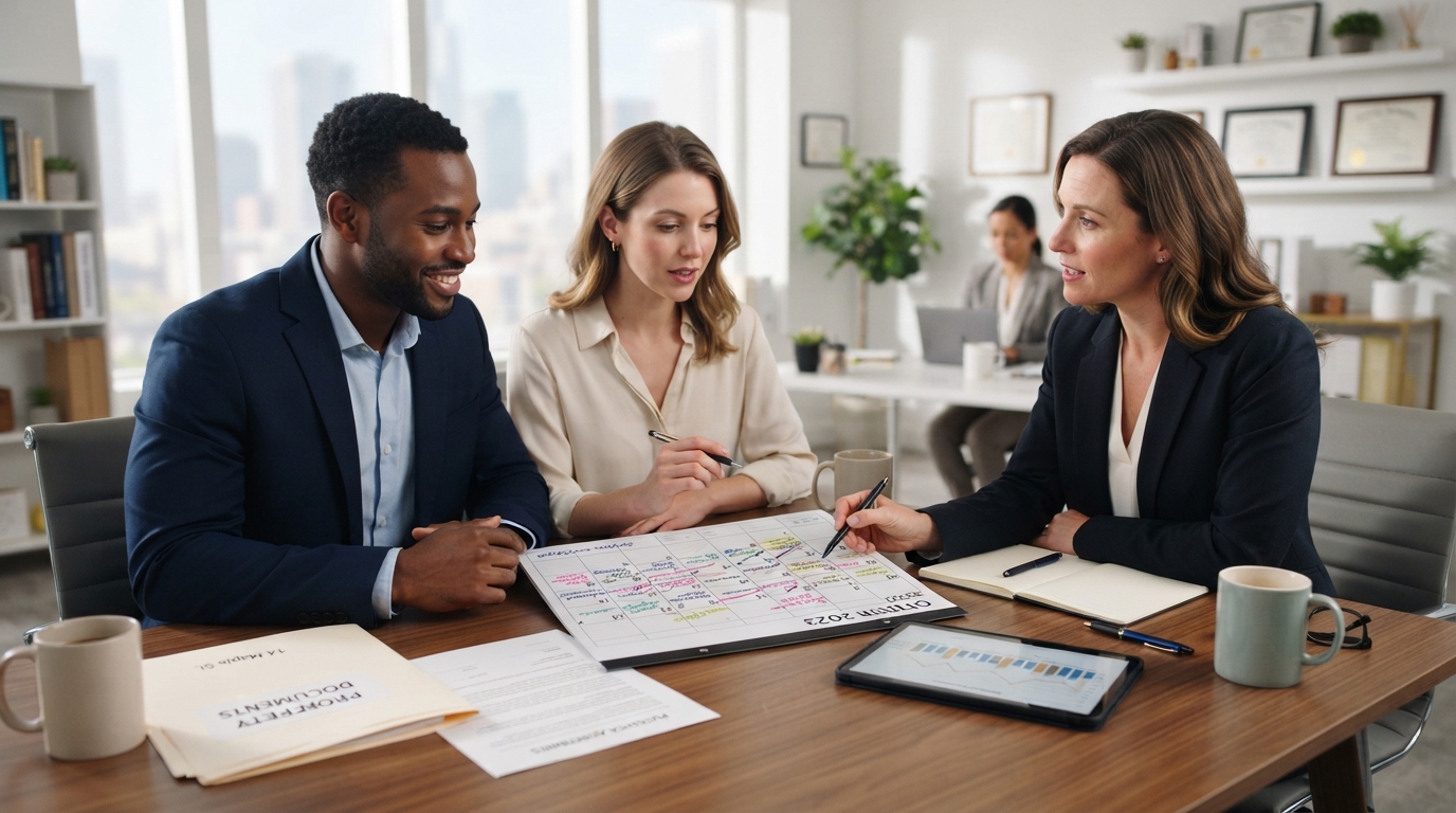 A diverse professional couple reviewing a fast-closing timeline calendar with a female real estate agent, marked dates and documents on the table
