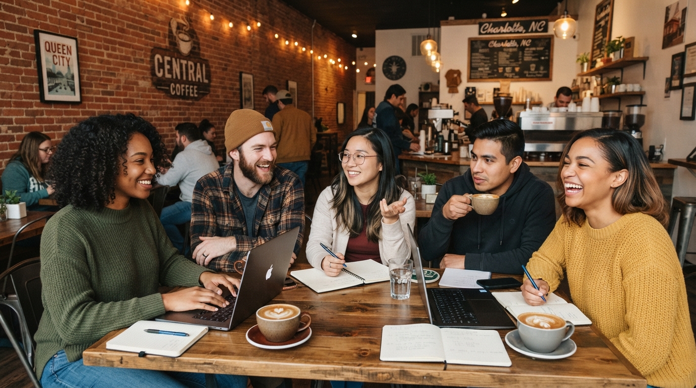 A diverse group of friends sitting at a trendy Charlotte coffee shop with latte art, laptops and notebooks, exposed brick walls