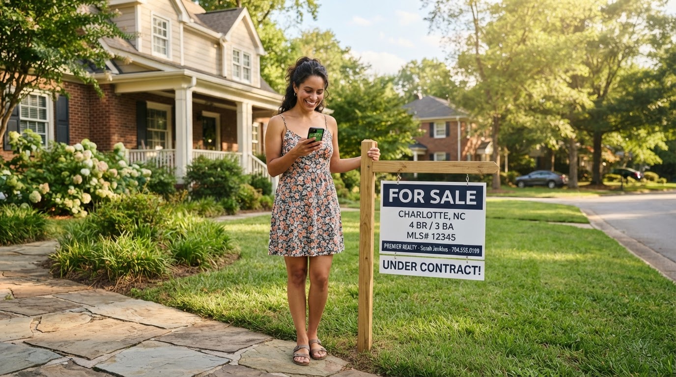 A Hispanic woman homeowner standing in her Charlotte front yard with a For Sale sign, looking at her phone with a satisfied expression