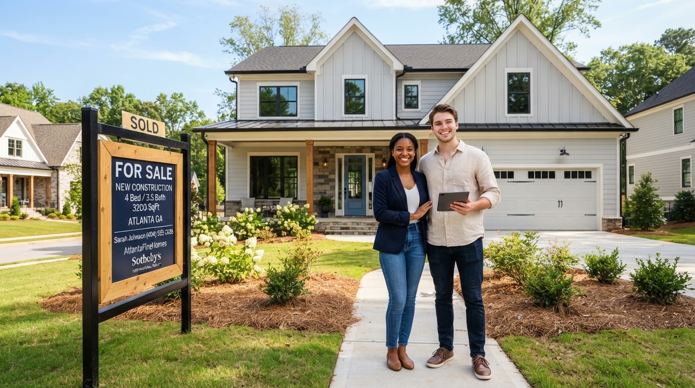 A diverse young investor couple standing in front of a new construction home in Atlanta GA with a For Sale sign on a sunny day
