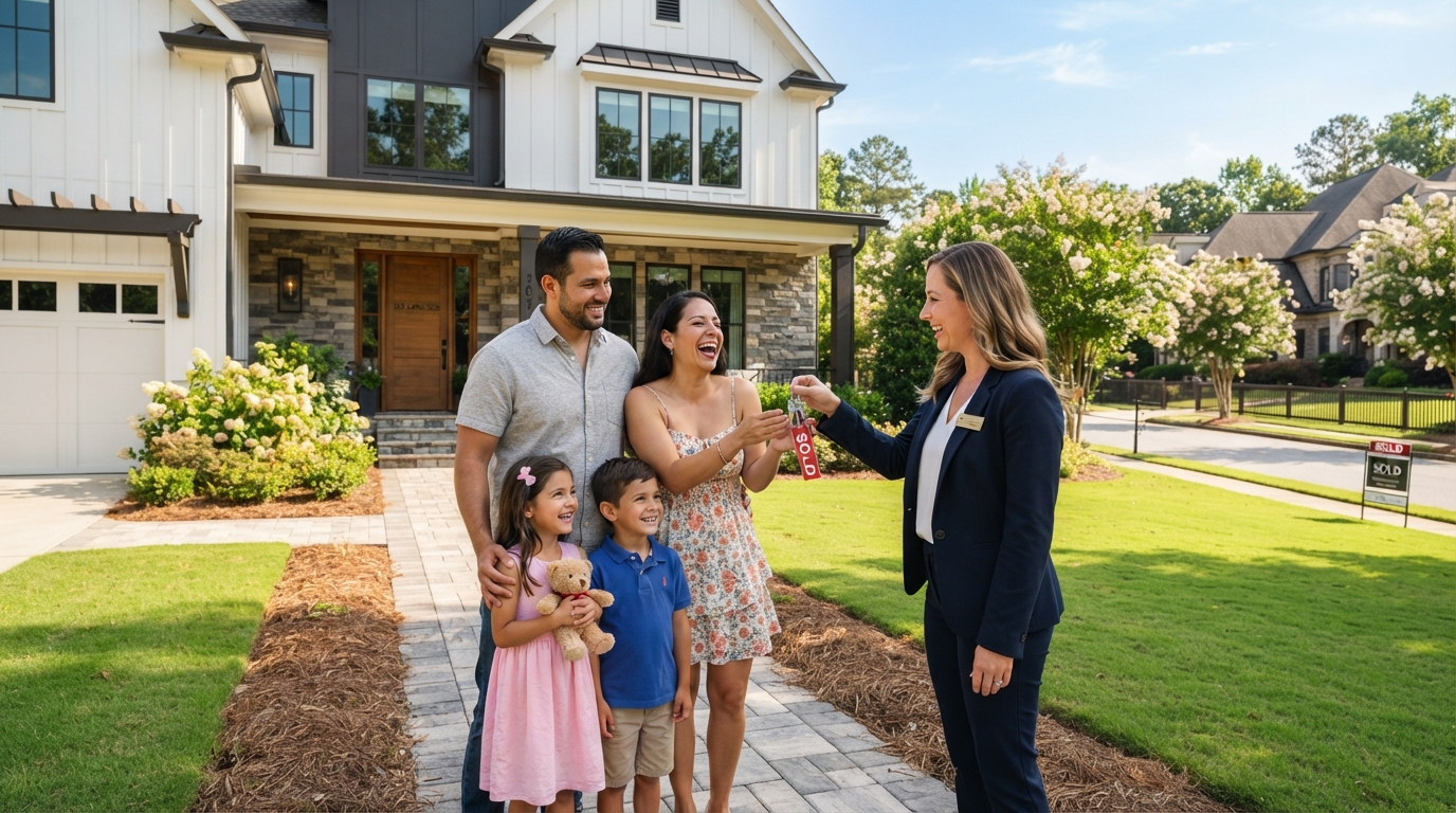 A diverse family standing in front of a modern Alpharetta Georgia home with manicured lawn, real estate agent handing them keys