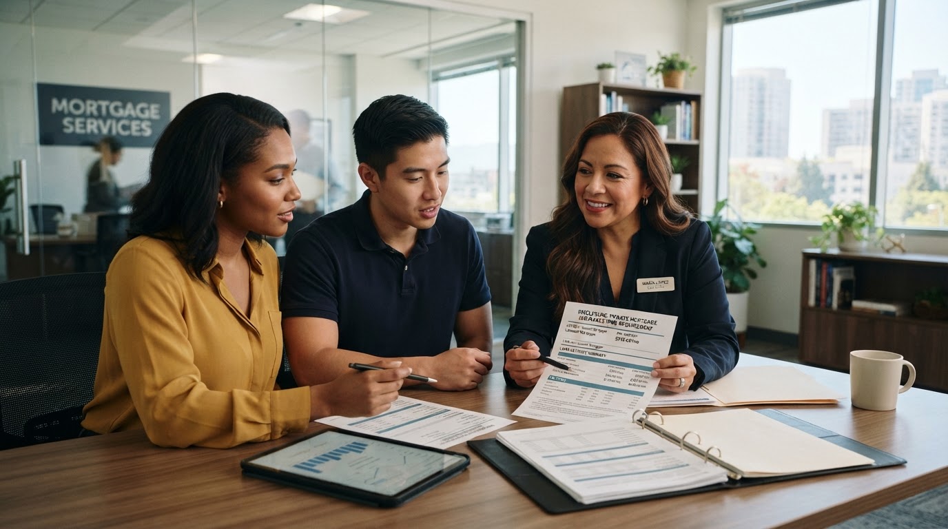 A diverse first-time homebuyer reviewing PMI and loan documents with a loan officer