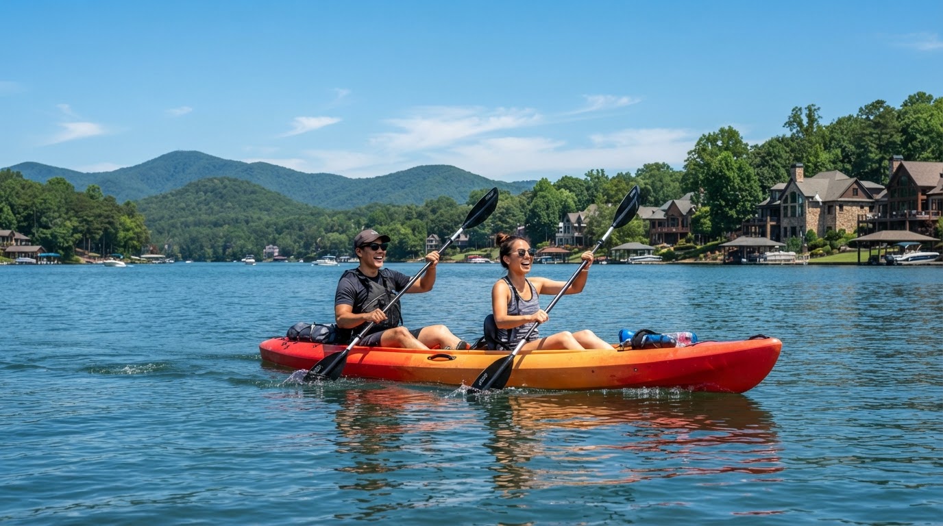 A young Asian couple kayaking on Lake Norman NC with waterfront homes in background