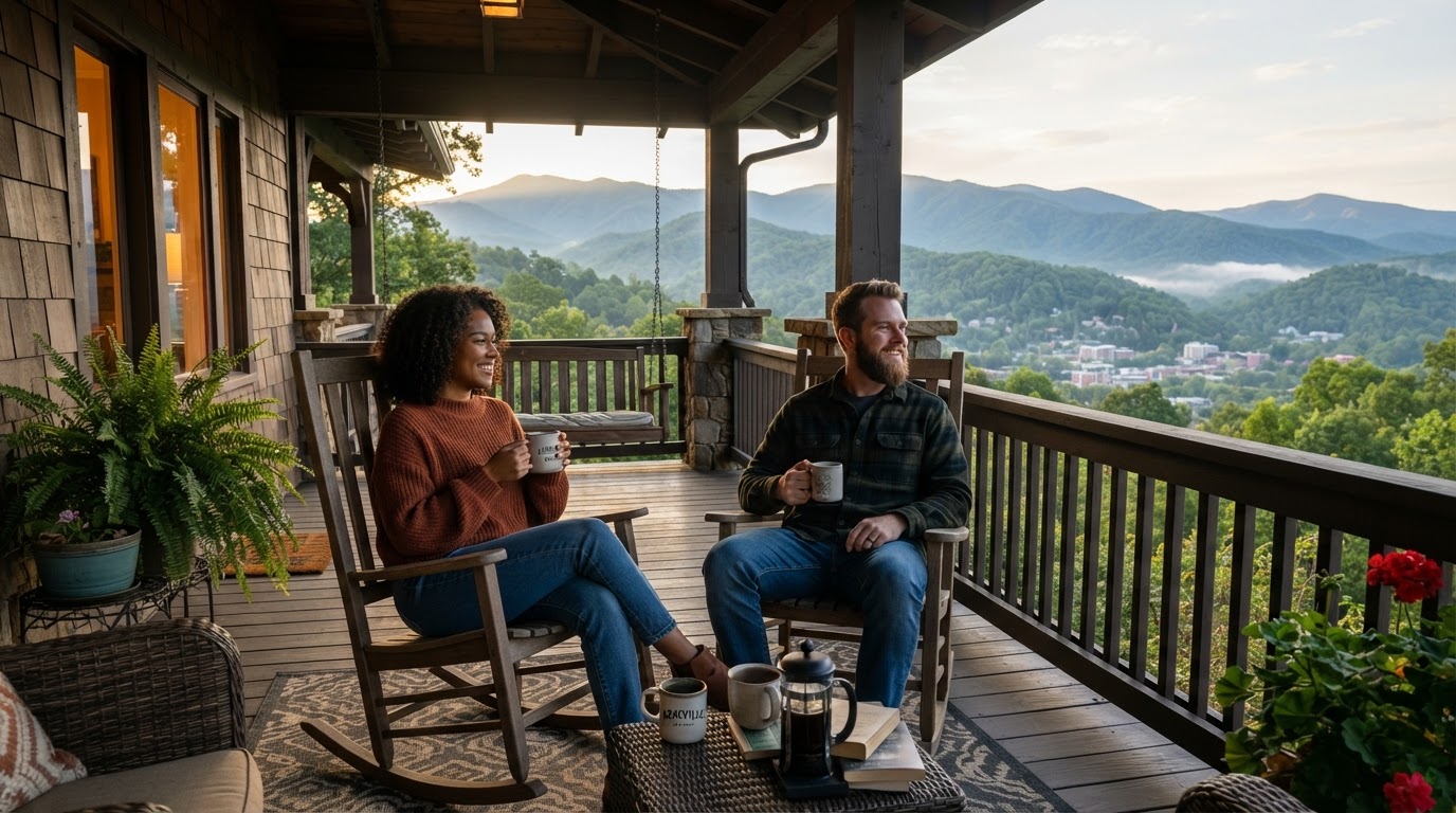 A diverse couple sitting on the porch of a craftsman bungalow in Asheville NC, mountain view