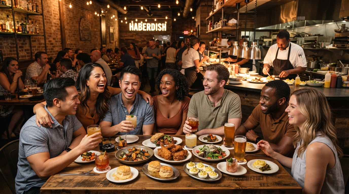 A diverse group of friends enjoying dinner at a Charlotte NC restaurant with craft cocktails, farm-to-table dishes, and warm ambient lighting