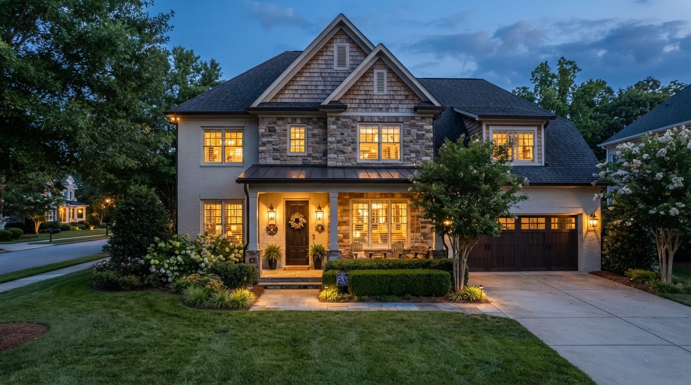Beautiful Charlotte NC home at dusk with first responder theme