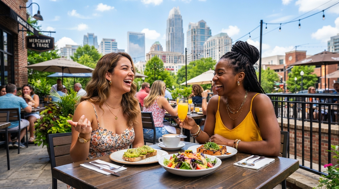 Two women friends enjoying brunch at an outdoor restaurant patio in Uptown Charlotte with city skyline