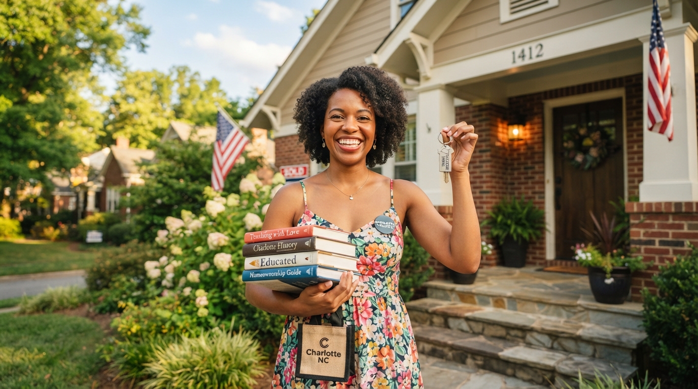 A Black female teacher smiling with books and a new home key in front of a Charlotte NC home