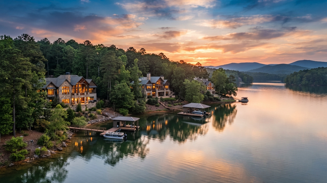Scenic waterfront homes on Lake Keowee South Carolina at sunset with calm lake reflections