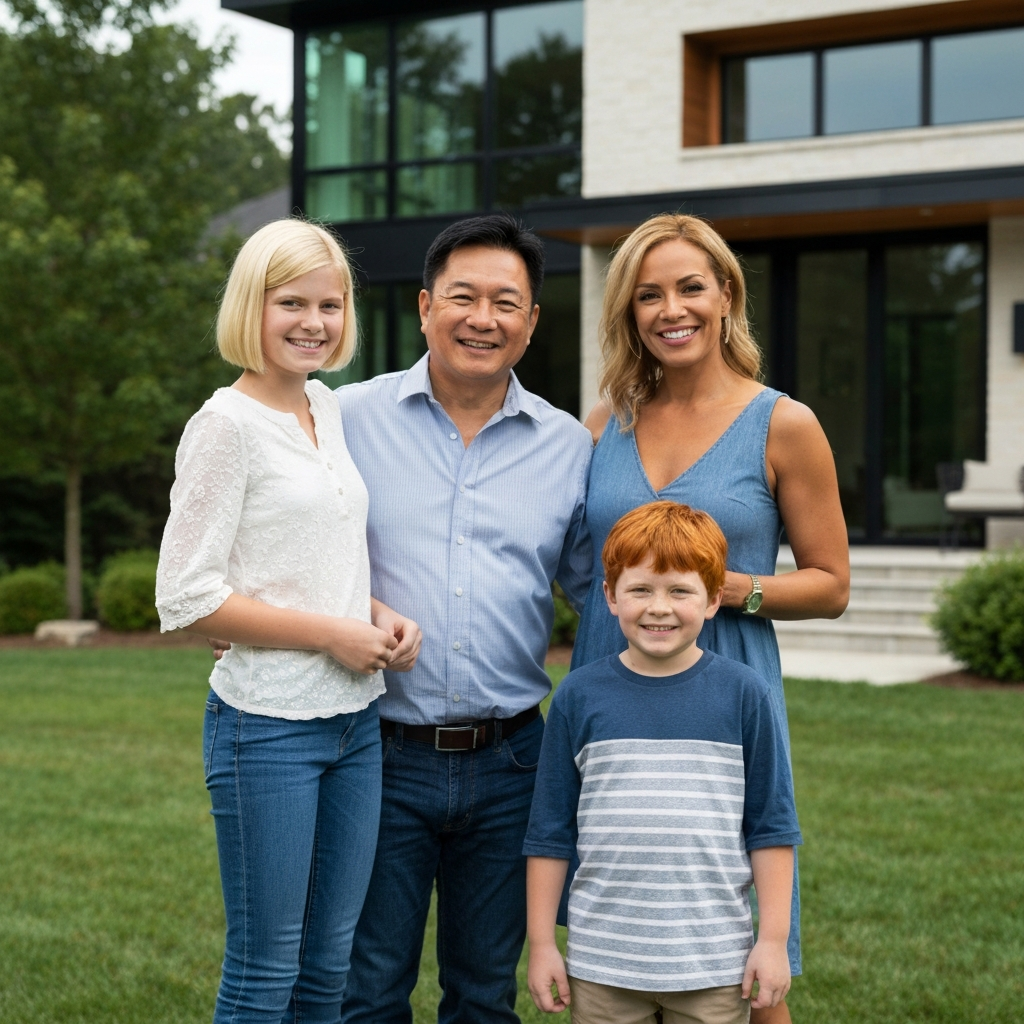 Happy clients in front of luxury home