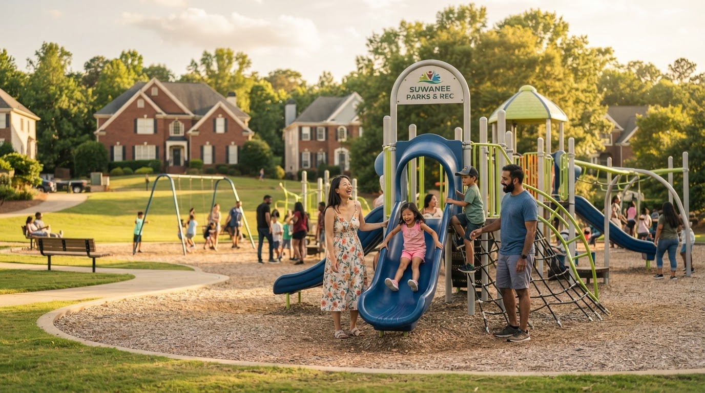 A diverse Asian American family with children playing at a park in Suwanee GA with playground equipment and suburban homes visible in warm afternoon light