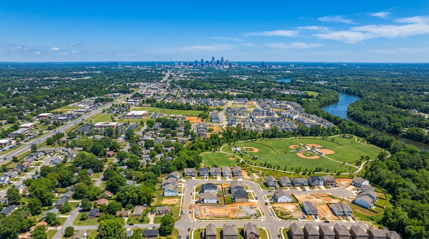 Aerial view of Rock Hill South Carolina with residential developments and Charlotte skyline in distance