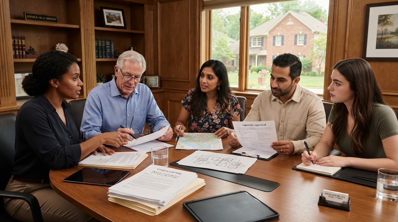 A diverse family discussing inherited property sale documents around a table with a real estate advisor