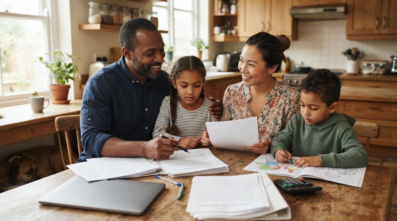 A diverse family sitting at a kitchen table reviewing paperwork and documents for a home sale, warm natural lighting