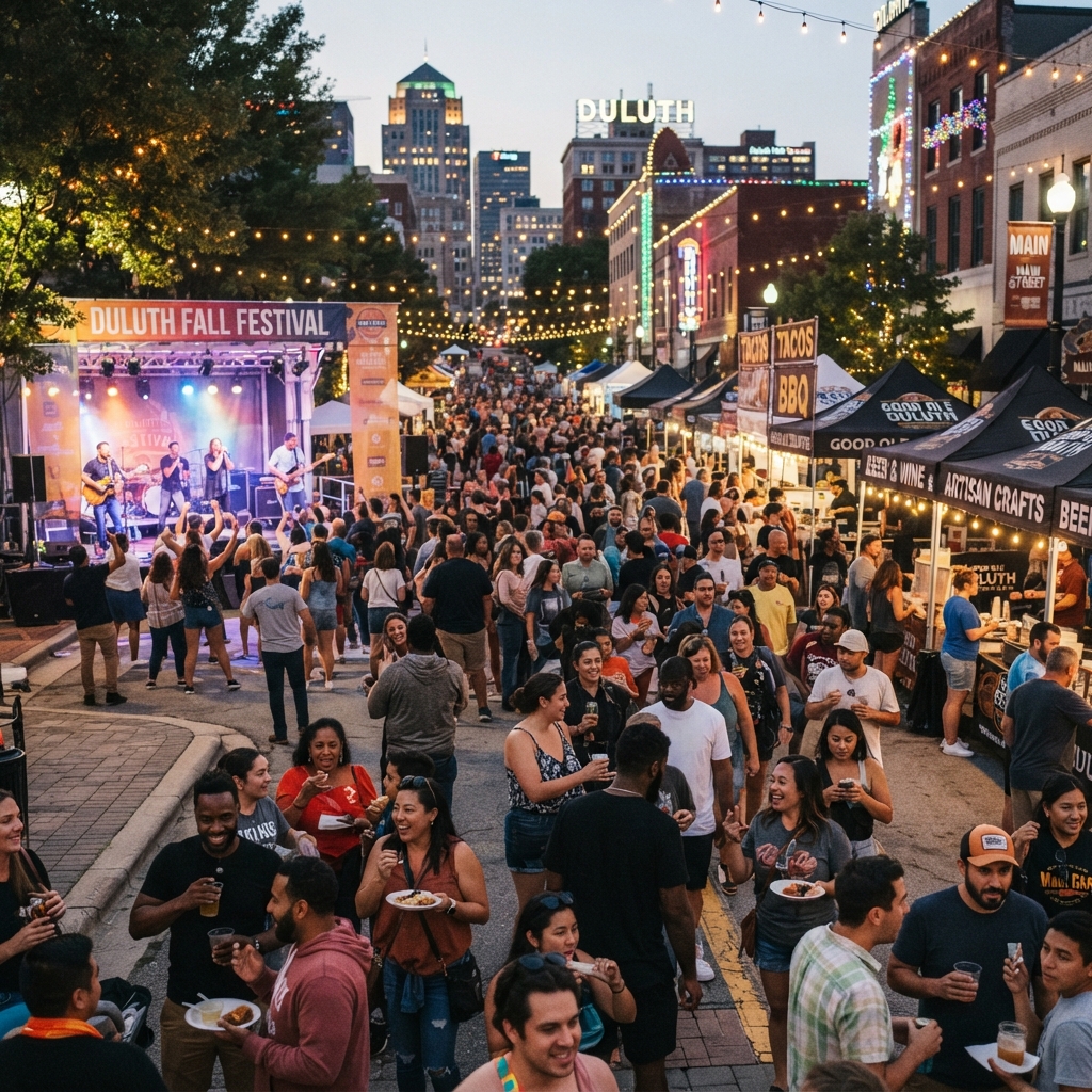 A diverse crowd enjoying a street festival in downtown Duluth GA with music and food vendors and festive evening lights