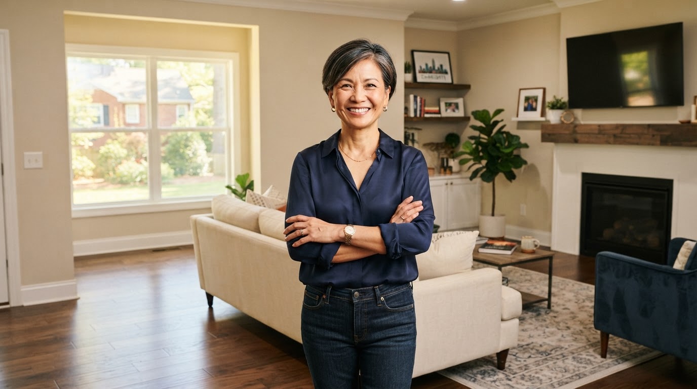 An Asian American woman standing confidently in a beautifully renovated Charlotte living room with new hardwood floors and fresh paint