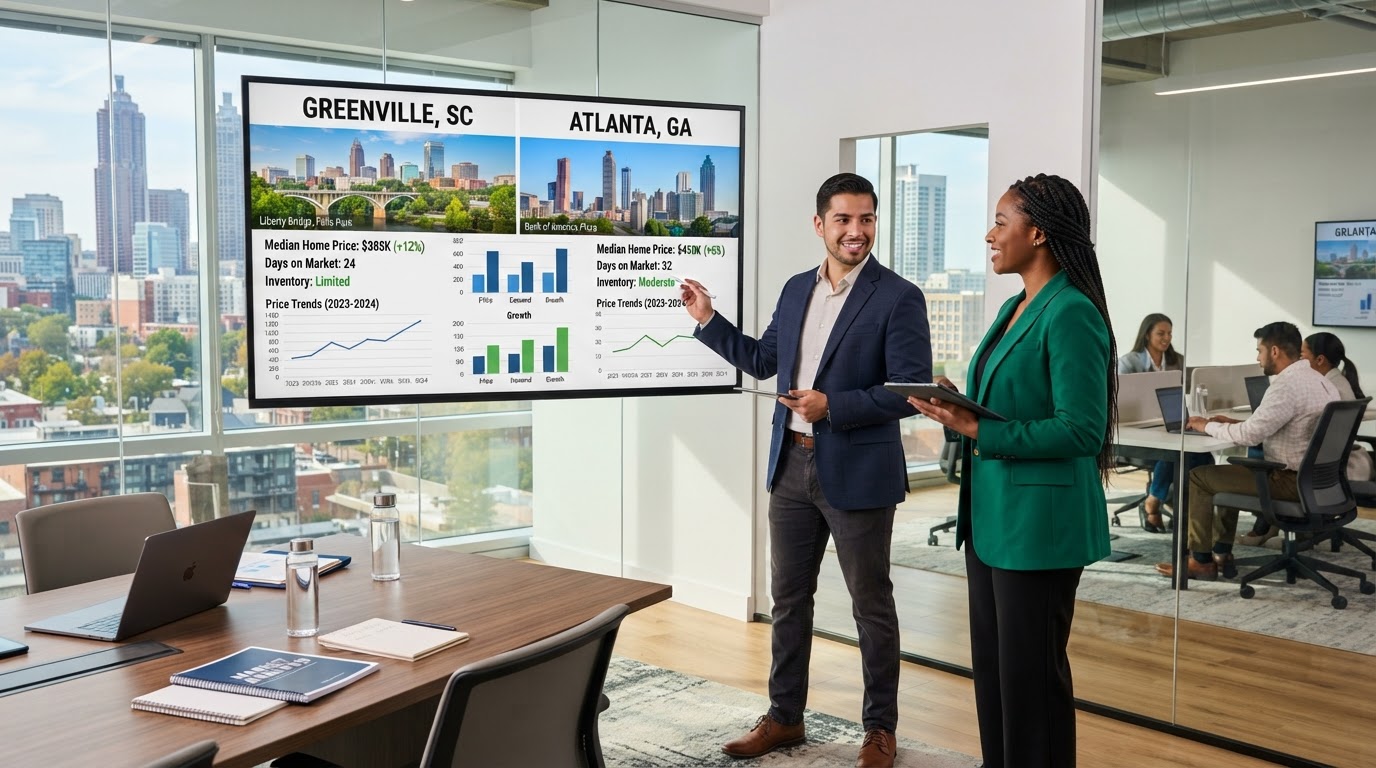 A diverse group — a Hispanic man and a Black woman — comparing Greenville SC and Atlanta GA housing market data side by side on a large screen with city skylines of both cities and comparison charts