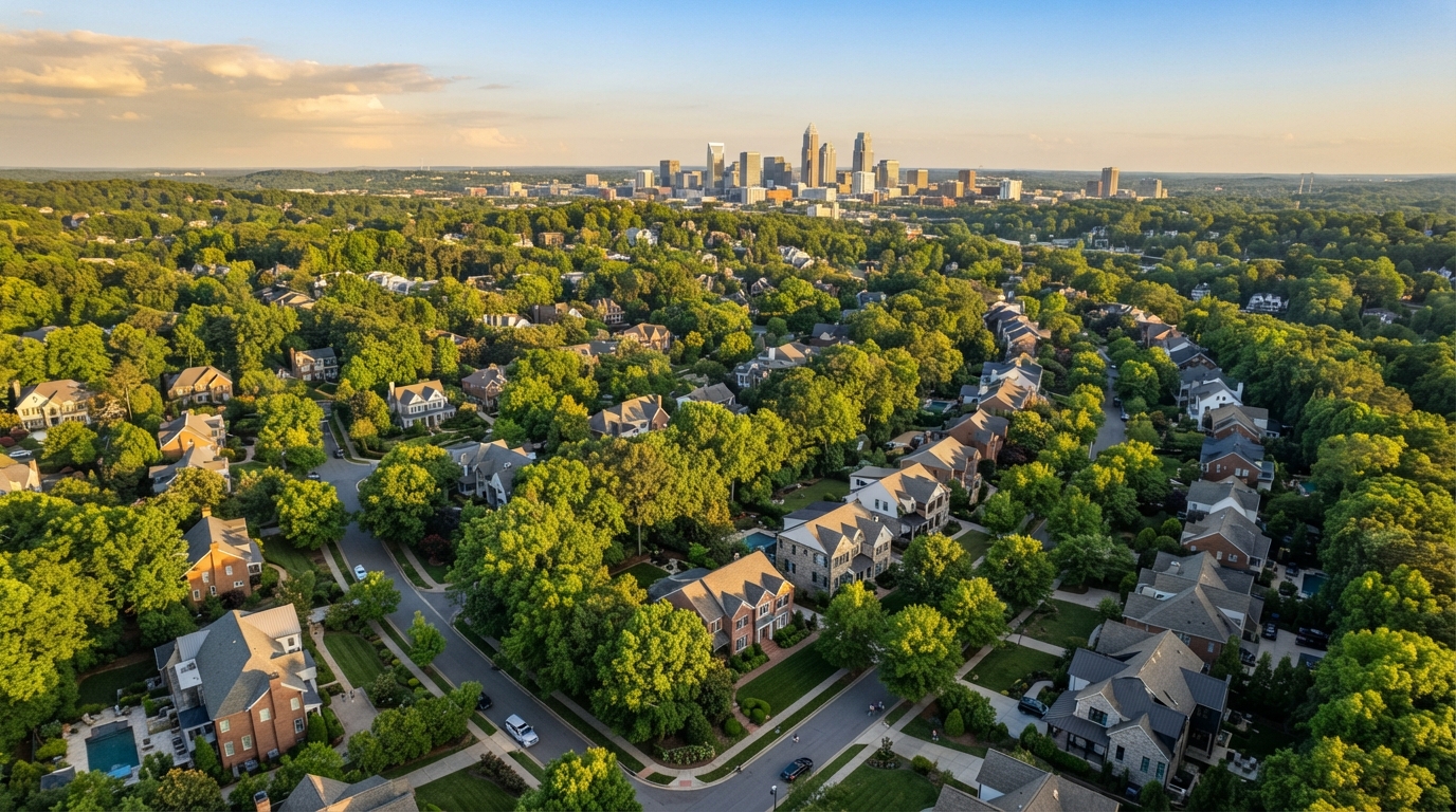 Aerial view of Charlotte NC suburban neighborhoods with tree-lined streets at golden hour