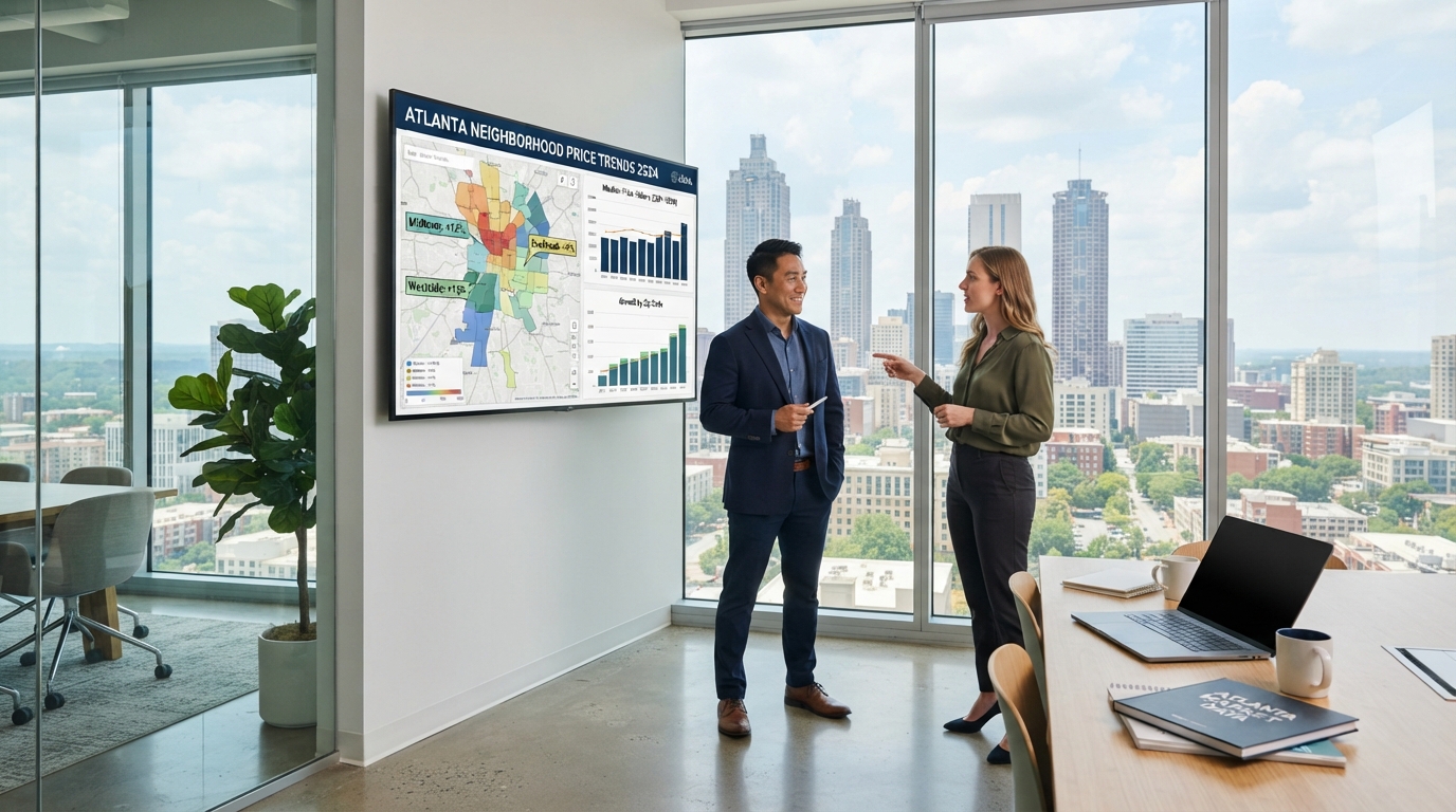 A diverse group of real estate professionals — an Asian man and a white woman — analyzing Atlanta Georgia neighborhood price trends on a large screen with interactive maps and data charts