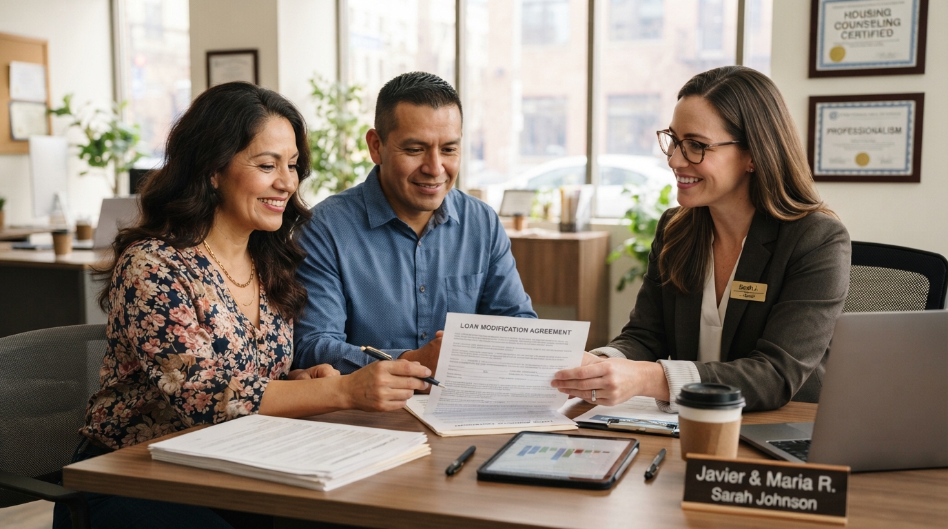A Hispanic couple meeting with a real estate advisor to review foreclosure prevention paperwork in Greenville SC
