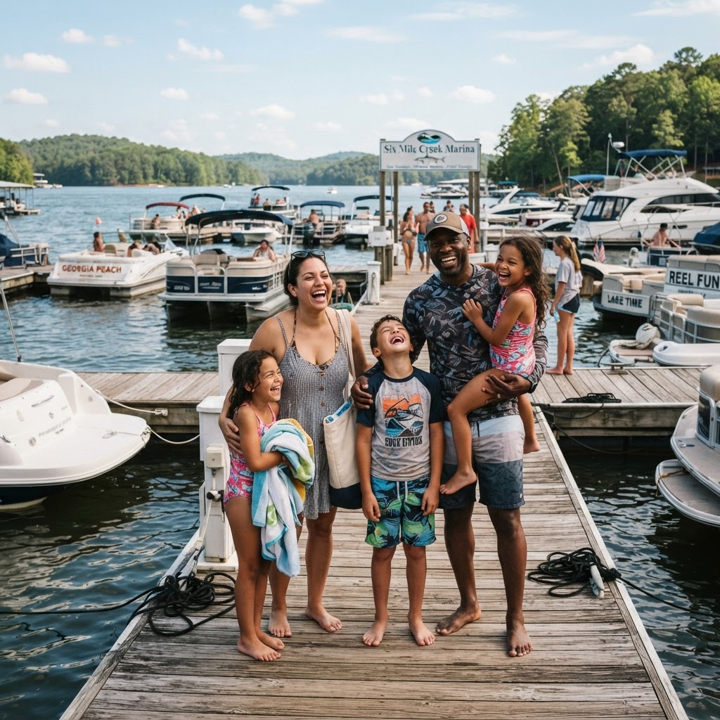 A diverse family enjoying a day at Lake Lanier near Cumming GA with boats and a dock visible