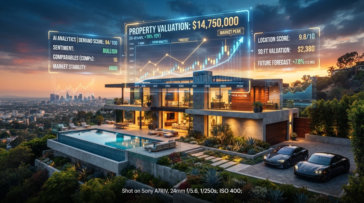 Modern luxury home with AI-powered valuation analytics overlay