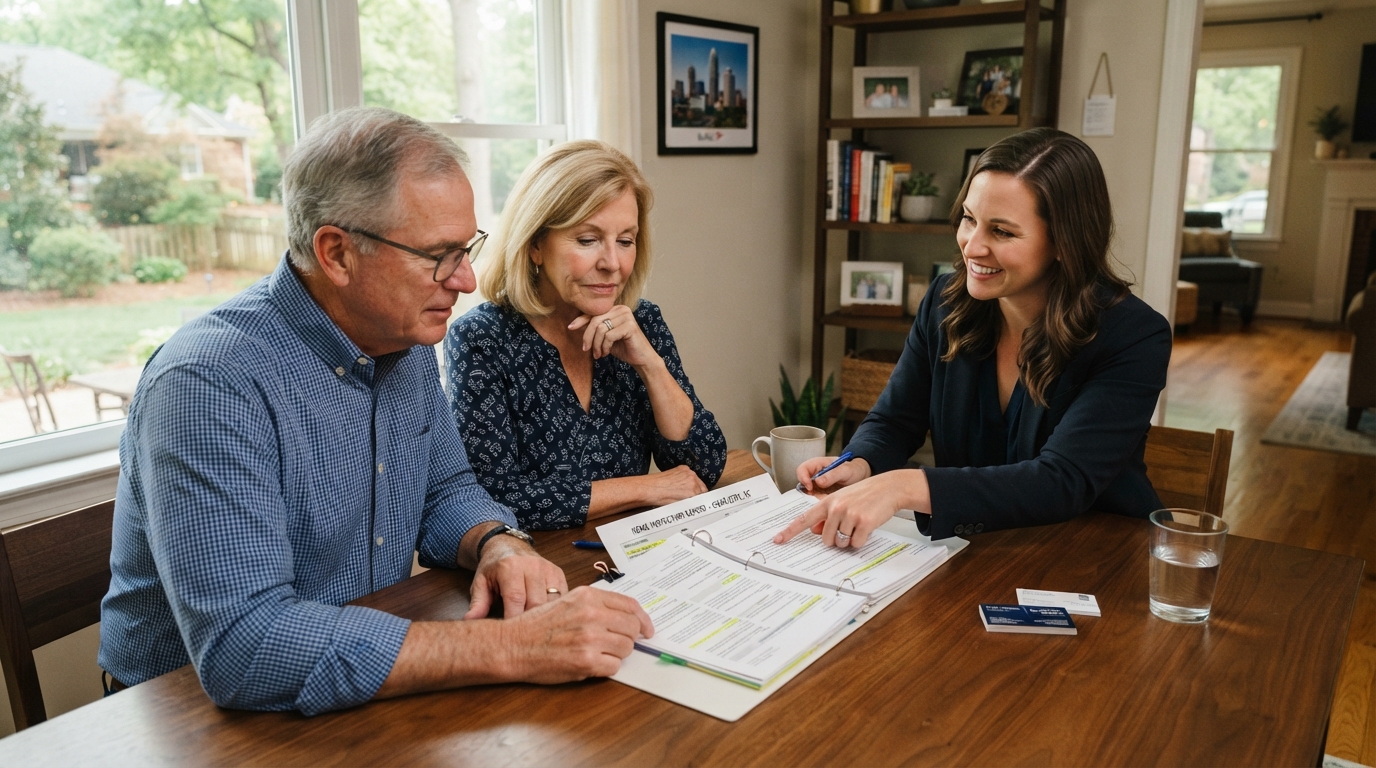 A white couple in their 60s sitting with a real estate advisor reviewing a printed home inspection report at a dining table