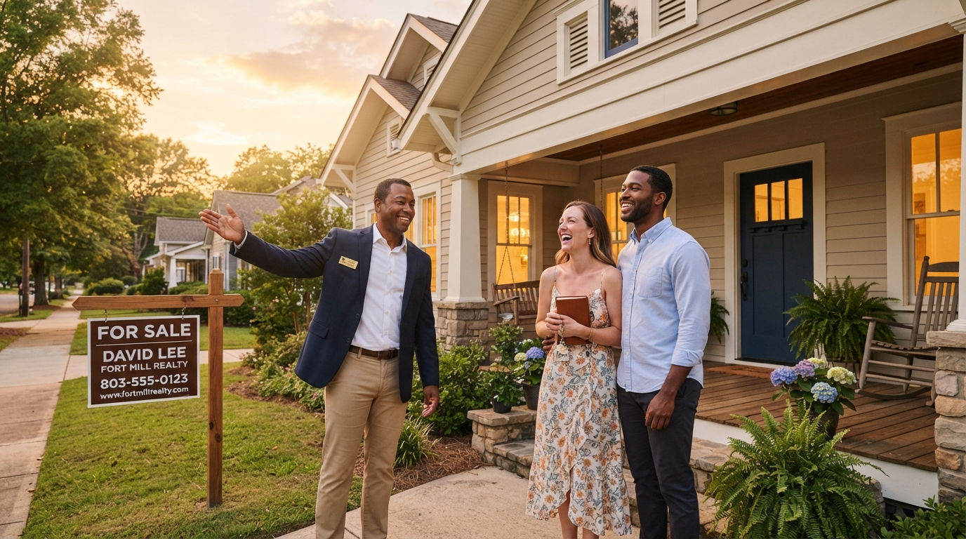 A diverse couple standing on the porch of a charming Fort Mill South Carolina home with a For Sale sign, real estate agent pointing at the house