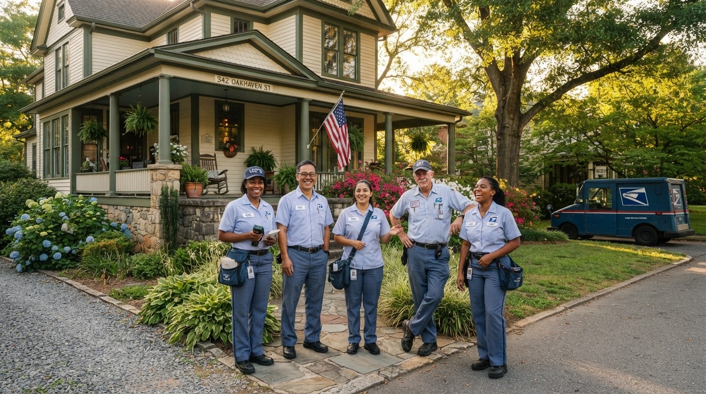 A diverse group of USPS postal workers in uniform standing in front of a charming North Carolina home on a warm afternoon