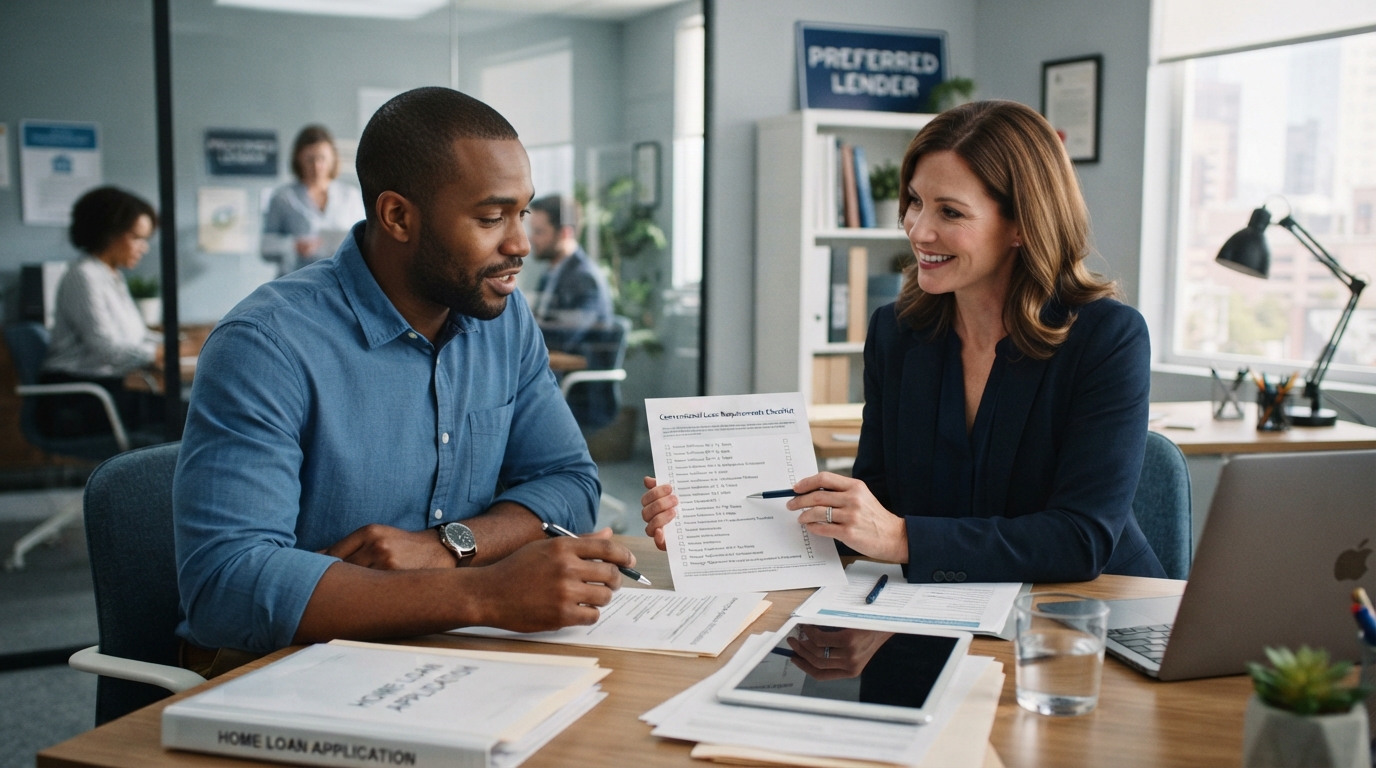 A diverse first-time homebuyer reviewing conventional loan requirement documents with a loan officer