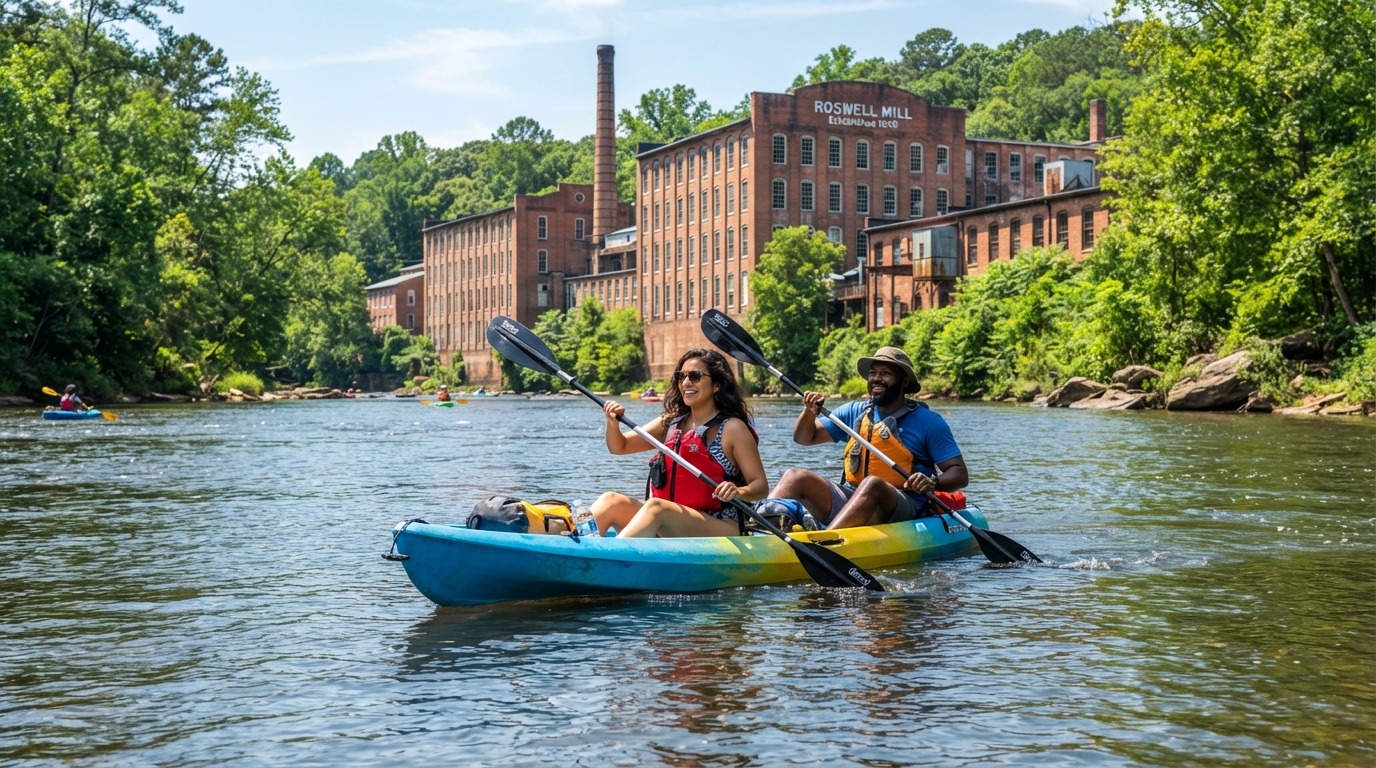 A diverse couple kayaking on the Chattahoochee River in Roswell GA with historic mill buildings visible along the riverbank