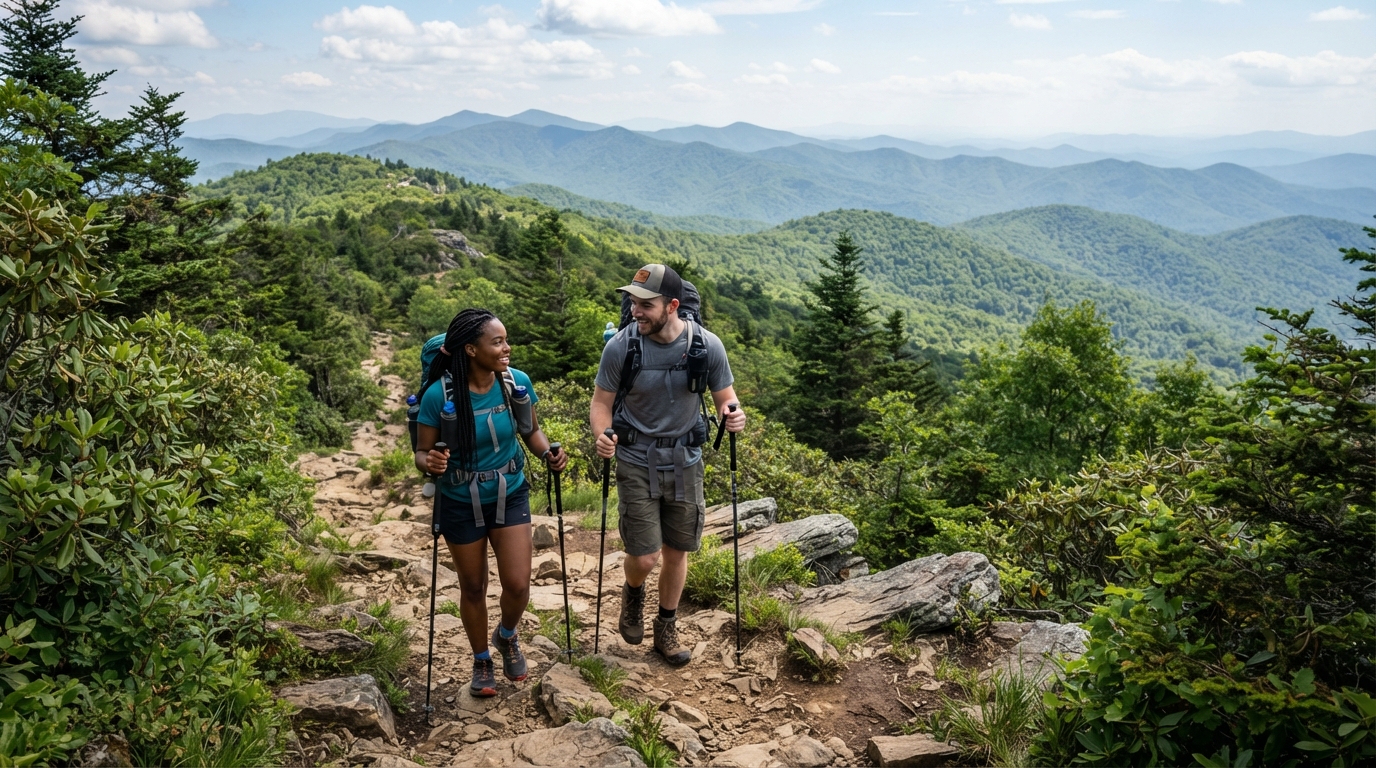 A diverse couple hiking with backpacks on a mountain trail near Asheville and Greenville, with Blue Ridge Mountains visible in the background