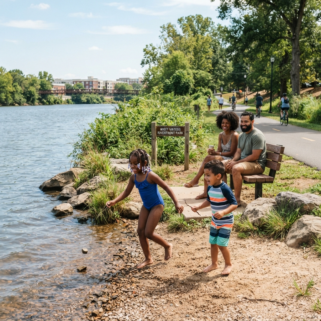 A diverse family enjoying a riverfront park in Mount Holly NC with kids playing near the Catawba River
