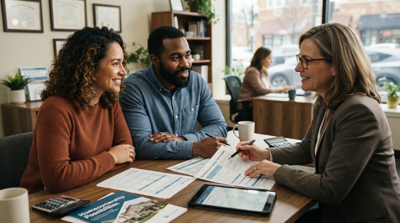 A diverse couple with less-than-perfect credit meeting with a mortgage broker reviewing options to buy a house with bad credit