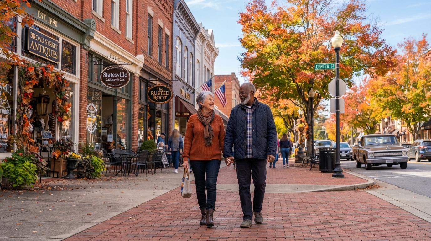 A diverse retired couple walking through Statesville NC historic downtown with small town storefronts and autumn trees