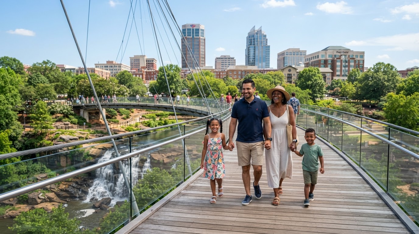 A diverse family — a Hispanic father, Black mother, and two children — enjoying a sunny Saturday at Falls Park on the Reedy in Greenville South Carolina, walking across the Liberty Bridge with the waterfall visible below
