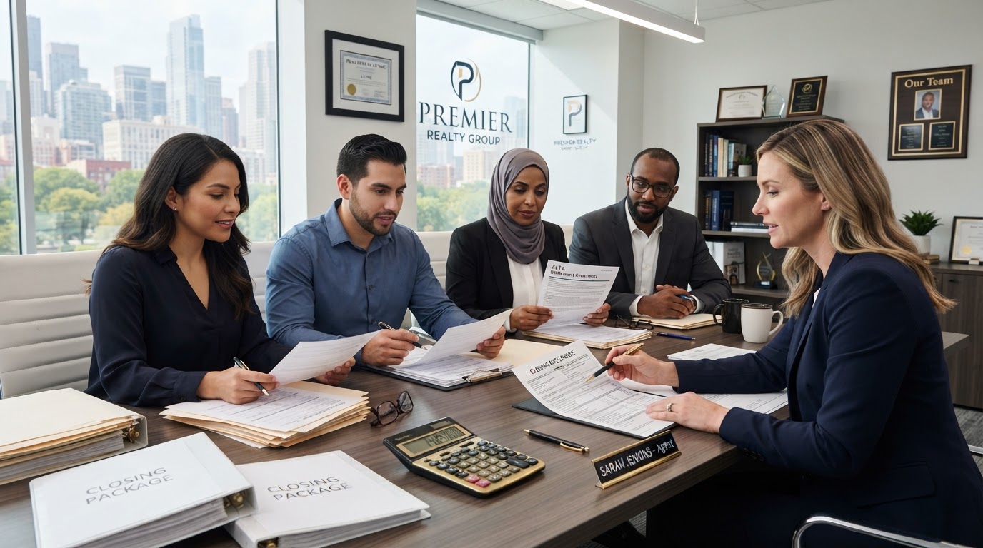 A diverse group of homebuyers and a real estate agent reviewing closing cost documents at a conference table with calculator and paperwork
