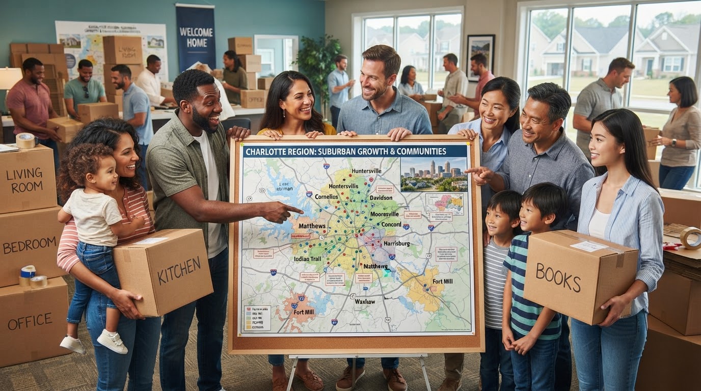A diverse group of families and professionals with moving boxes looking at a map of Charlotte suburbs, representing suburban migration trends