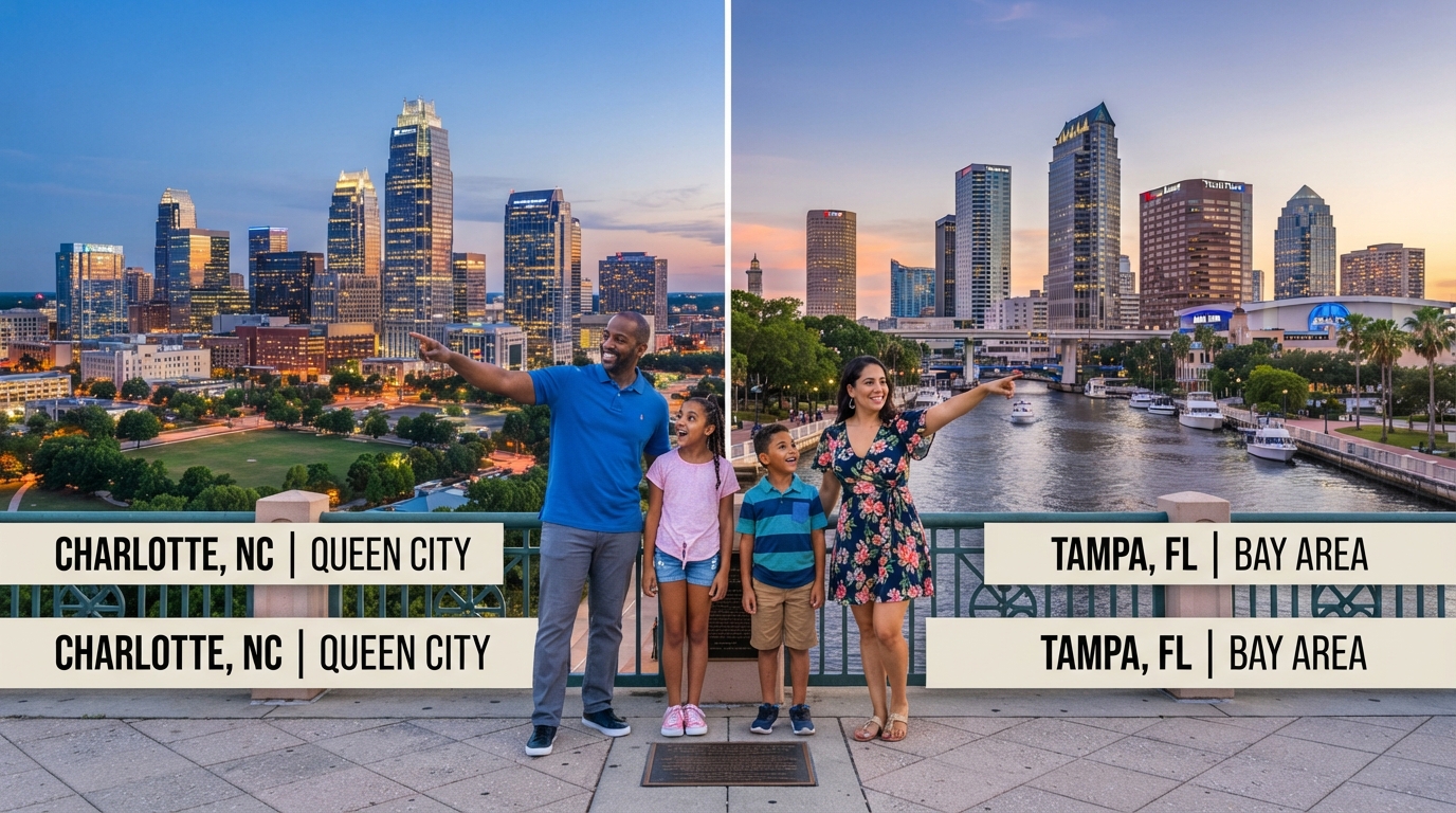 A split comparison image showing Charlotte NC skyline on the left and Tampa FL waterfront on the right with a diverse family standing in the middle comparing both cities