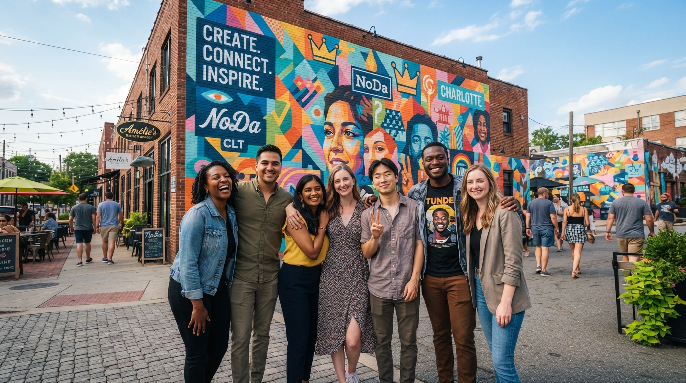 A diverse group of young professionals of different races posing in front of a colorful mural in the NoDa arts district of Charlotte