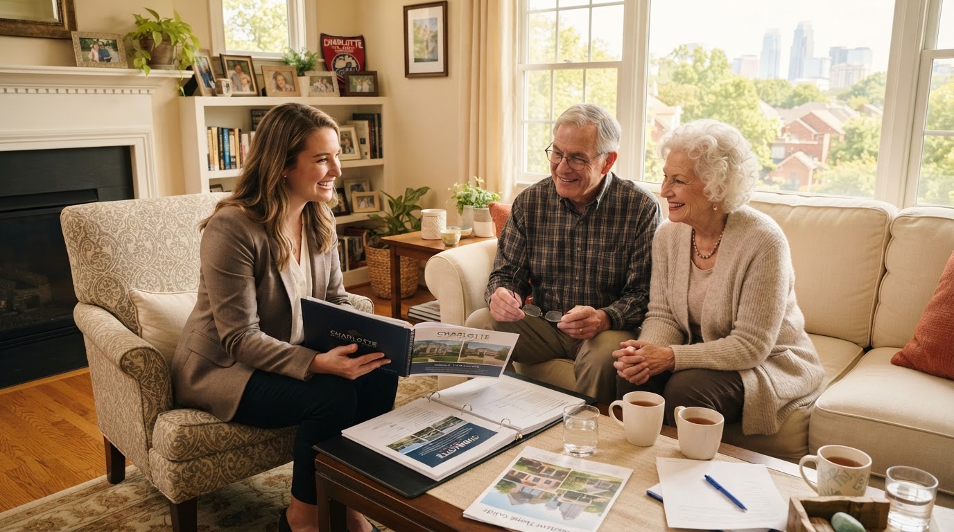 A warm scene of a senior couple in their 70s sitting with a real estate advisor in a sunlit Charlotte NC living room discussing downsizing options