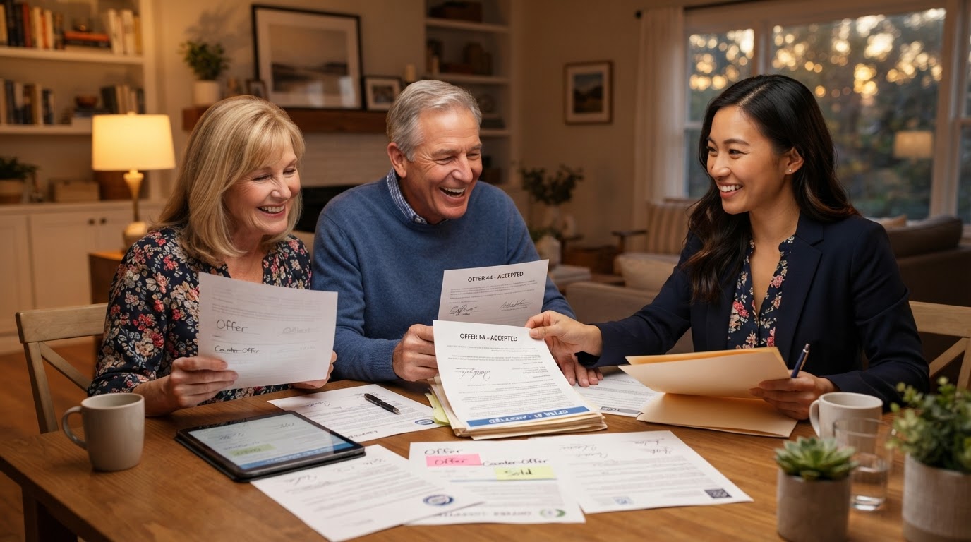 An Asian American real estate agent presenting multiple offer documents to a happy seller couple at a dining table