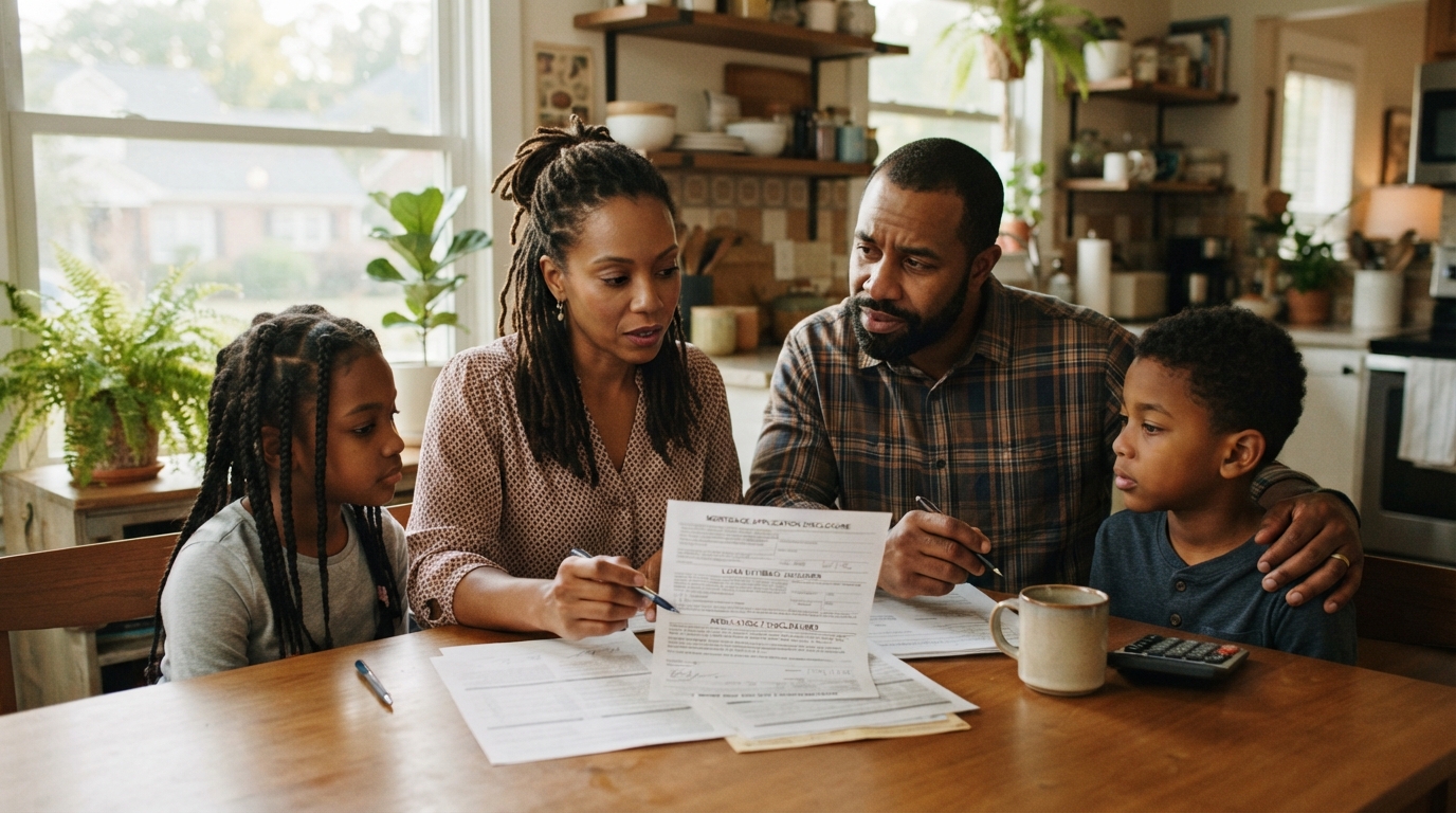 A diverse Atlanta family reviewing mortgage documents at a kitchen table to avoid foreclosure