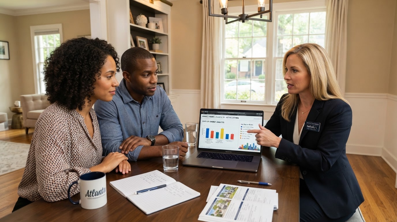 A diverse Black couple sitting with a real estate agent reviewing days on market data on a laptop at a dining table in an Atlanta home