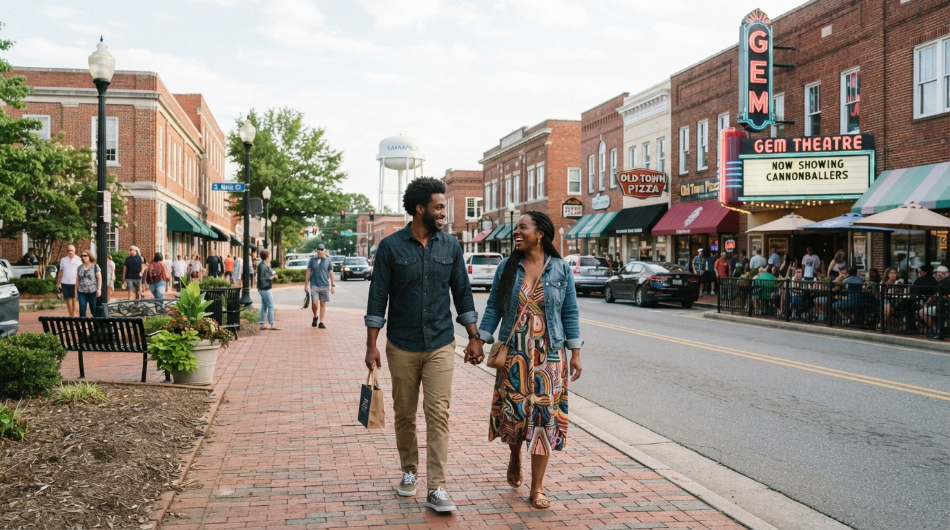 A diverse couple walking through downtown Kannapolis NC with a small town main street and historic charm