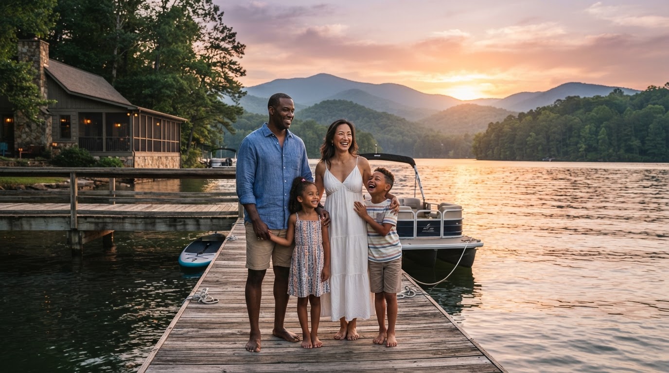 A diverse family of four standing on a dock at a lake house in the Carolinas with mountains in the background at sunset