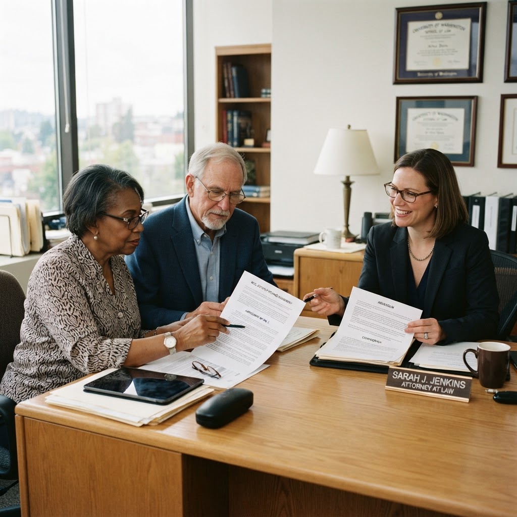 A diverse senior couple meeting with a real estate attorney reviewing legal documents at a desk