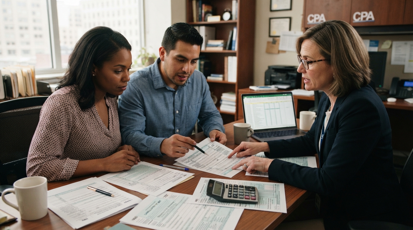 A diverse couple meeting with a tax professional reviewing short sale tax documents and IRS forms