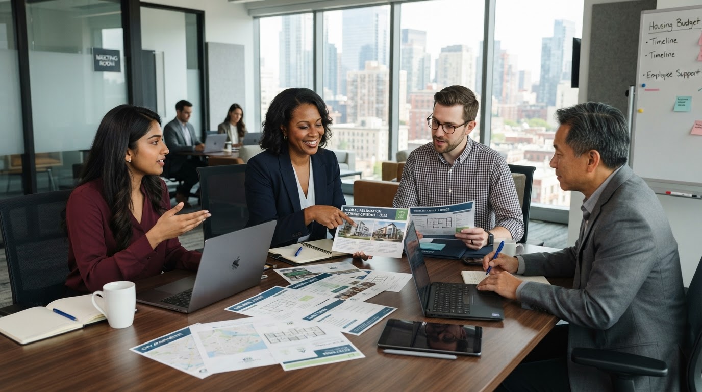 Diverse HR professionals reviewing relocation housing packages at a modern office conference table
