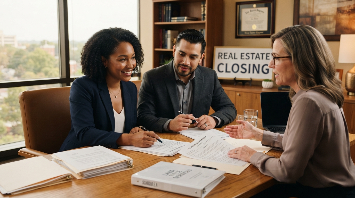 A diverse couple reviewing title insurance documents with a closing attorney at a real estate closing table